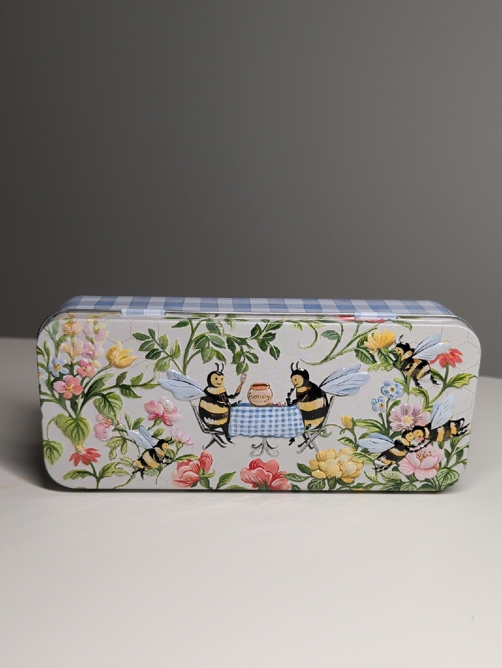 Bee Floral Rectangular Tin - Blue & Yellow